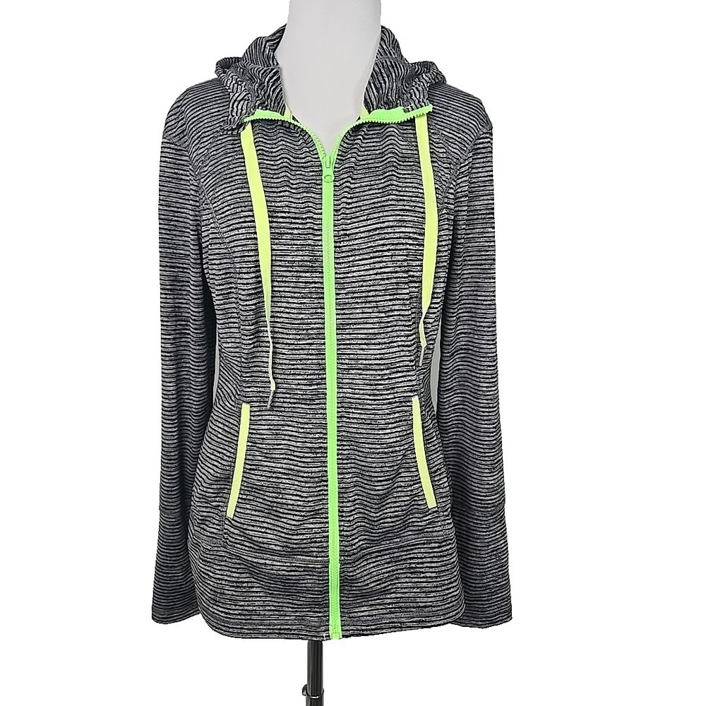 LUKKA Women's Large Active Black Gray Stripe Full Zip Hoodie Jacket Neon Accent